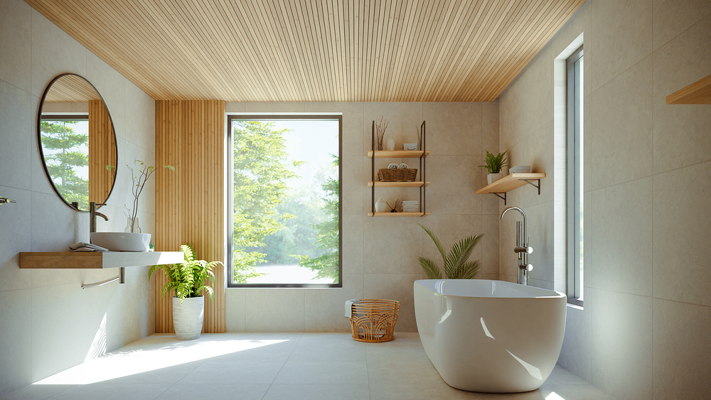 Bathroom modern Interior with tub, 3d rendering